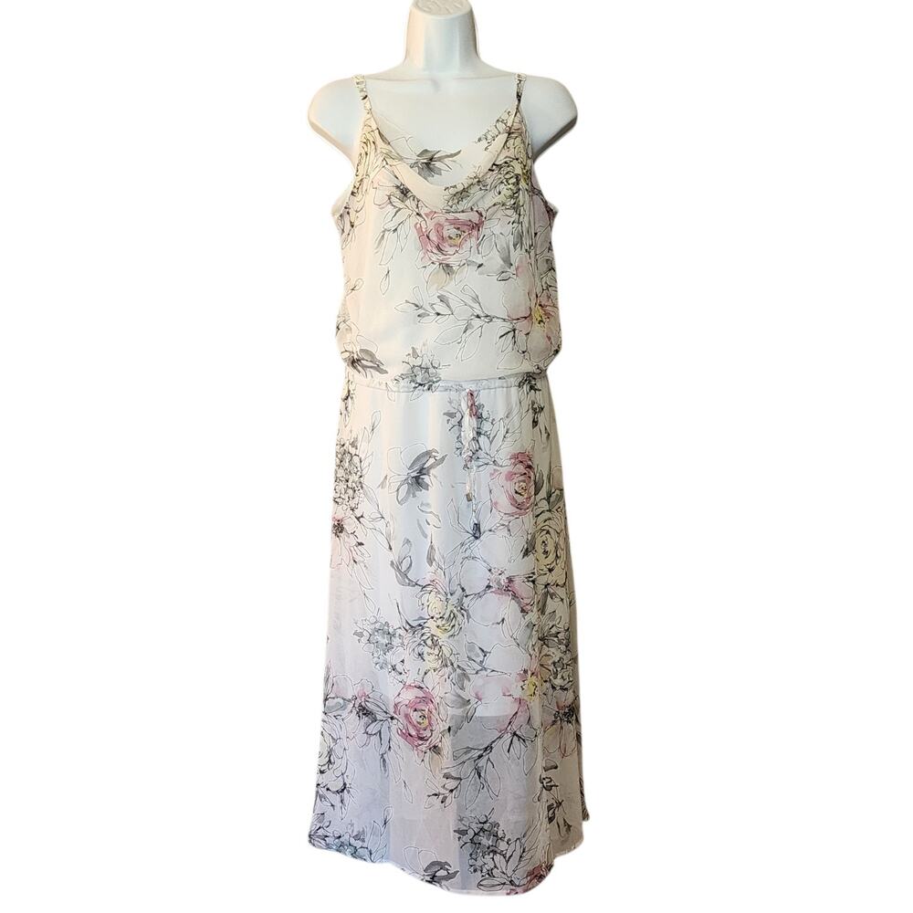 WHBM Womens Midi Sun Dress Size S White Floral Chiffon Blouson Drape Neck
